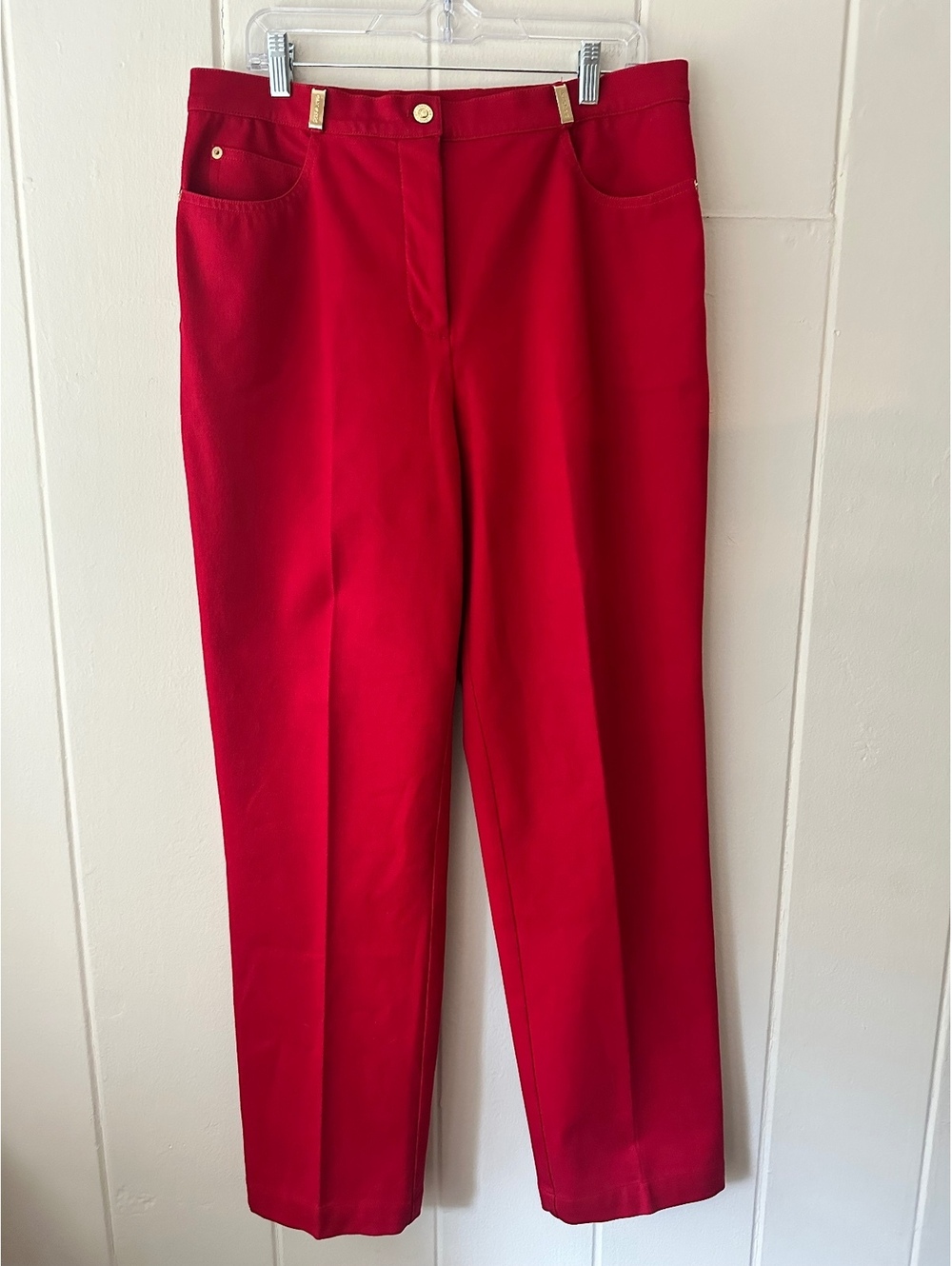 ST. JOHN Sport by Marie Gray Vintage 90s Red Straight Leg Pants Gold Logo Sz 14